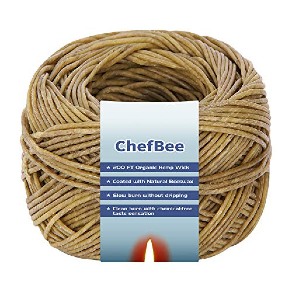 CHEFBEE 200 FT Organic Hemp Wick, Well Coated Natural Beeswax for Hemp Wick Lighter or Candle Making, Slow Burn, No Dripping, Standard Size(1.1mm)