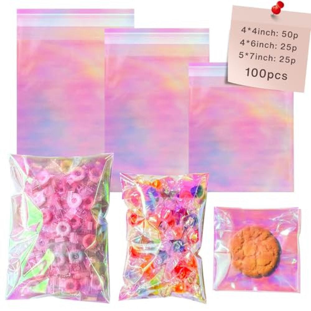 Cherodada 4"x 4", 4"x 6", 5"x7", Iridescent Self Sealing Cellophane Bags for Gift Wrapping, Wrapping Candies, Cookies, Chocolates, Popcorn (100 Pcs)