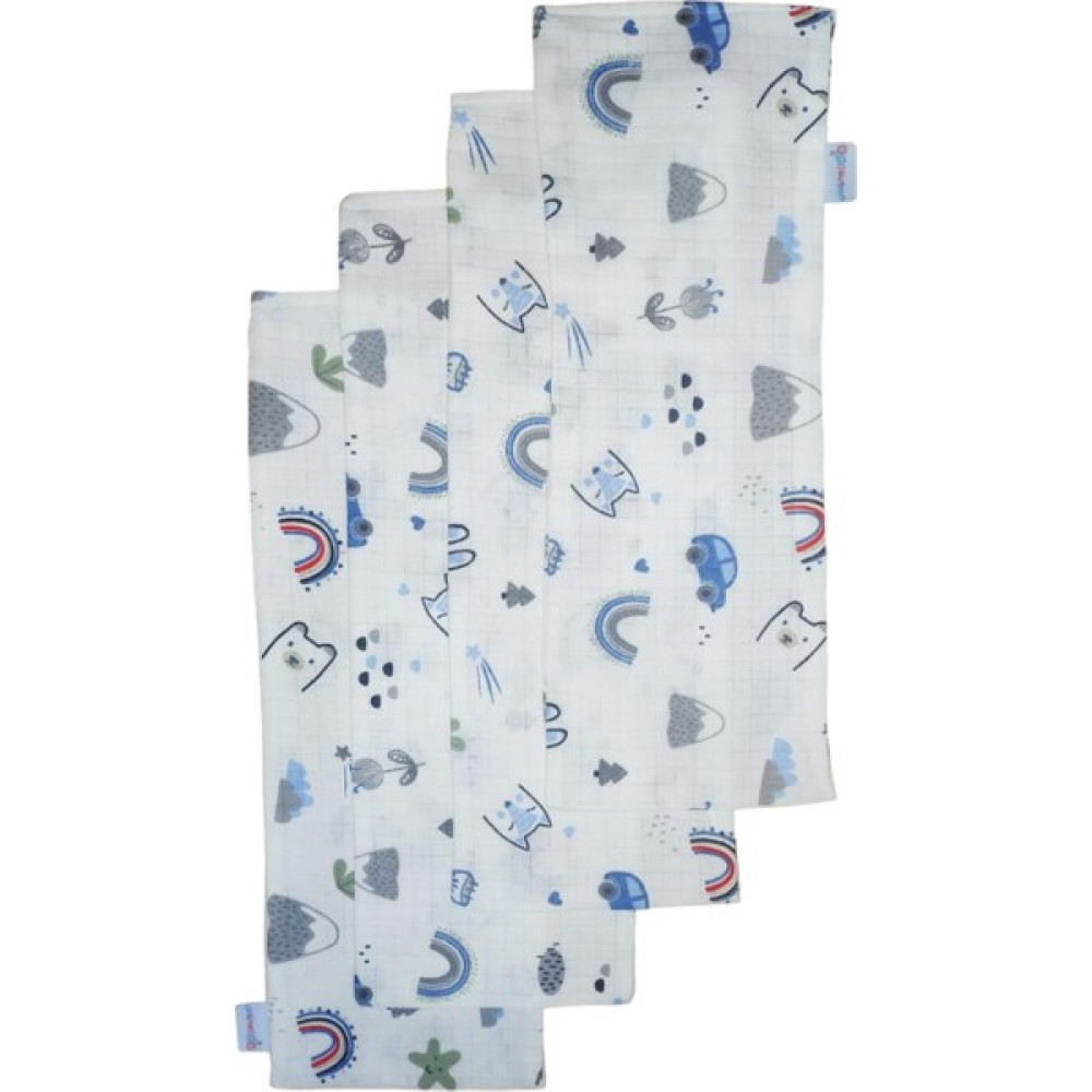 Cherry Baby Bebek Omuz Bezi Ter Bezi Ağız Bezi 20X50 cm %100 Pamuk Çift Kat Müslin Kumaş 4'lü Mavi Gökkuşağı - Renkli Hamilelik ve Emzirme Fiyatı