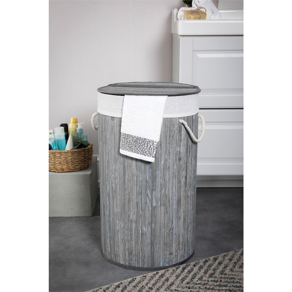 Cherry Collection El Yapımı Bambu Yuvarlak Çamaşır Sepeti Gri Çamaşır Sepeti Fiyatı