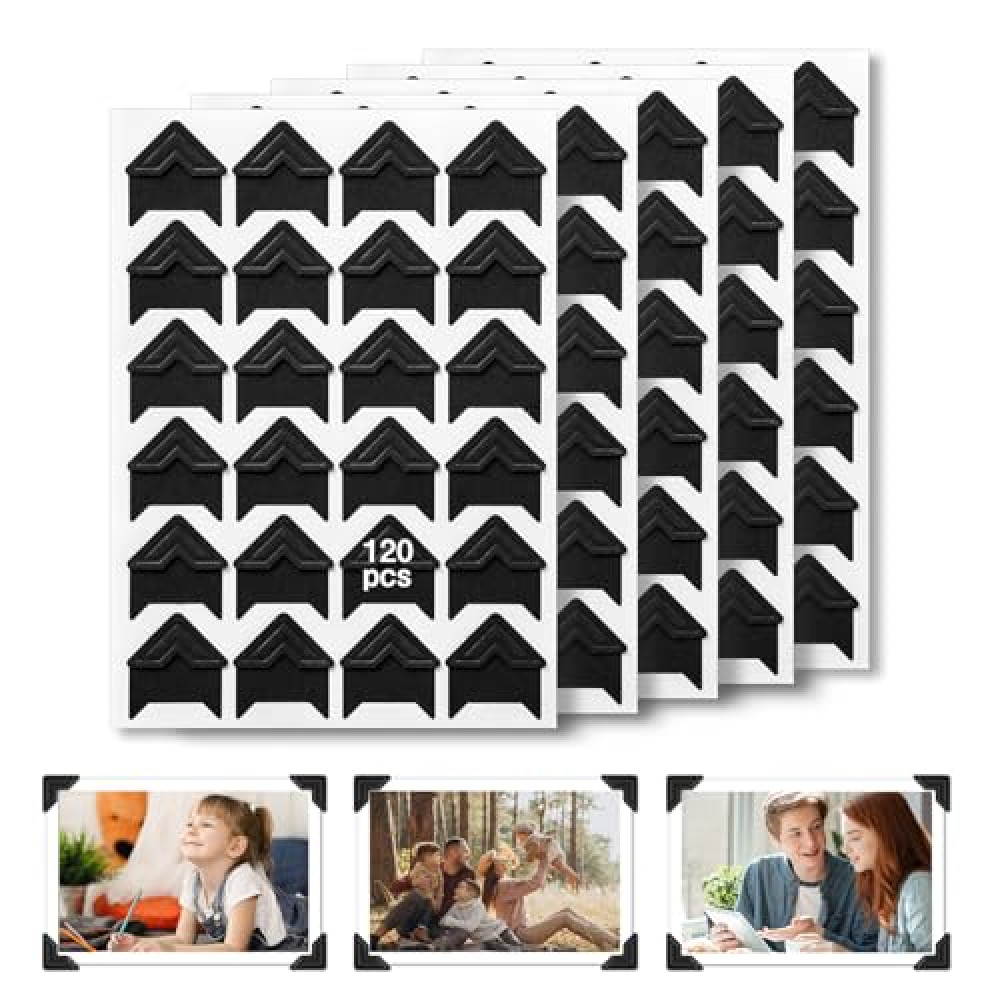 CHIALLCO Acid Free Photo Corners Self-Adhesive, 120 Pcs Premium Photo Corners for Scrapbooking, Black Photo Picture Mounting Corners for Photo Album, DIY Scrapbook Stickers, Memory Books, Diary