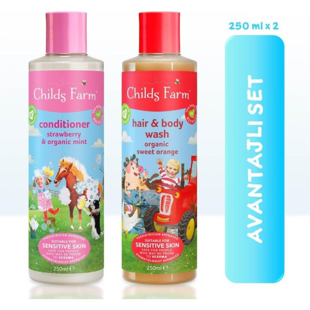 Childs Farm Avantajlı Paket 2'li Tatlı Portakal Özlü Çocuk Şampuan ve Çilek Özlü Saç Kremi (250 ml x 2 Adet) Bebek Şampuanı Fiyatı