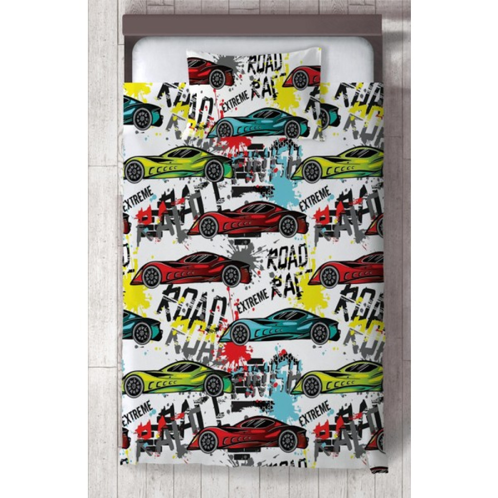 Chiron Baby Erkek Bebek Ve Çocuk Odası Road E x treme Araba Desenli 2 Parça Tek Kişilik Yatak Örtüsü Setı-118s - 140 x 220 cm - Renkli Yatak Örtüsü Fiyatı