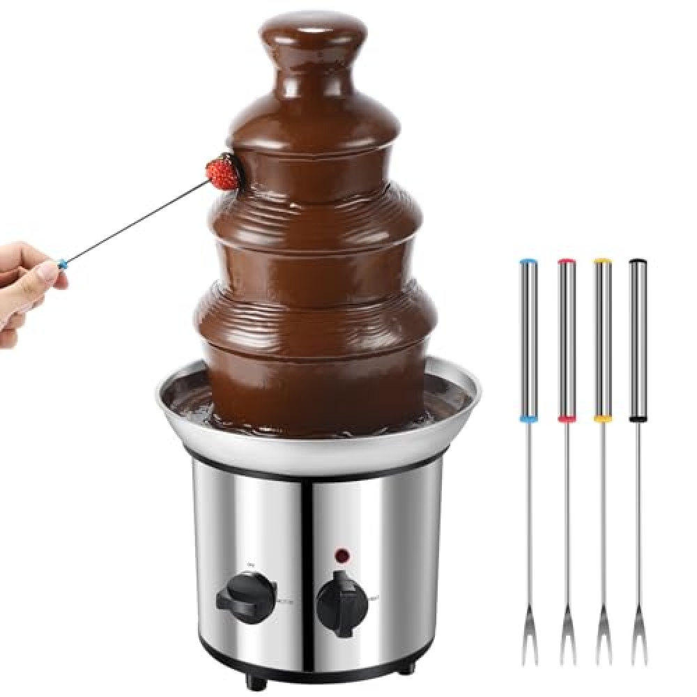 Chocolate Fountain, 4 Tiers Electric Melting Machine Chocolate Fondue Fountain Set with 6pcs Stainless Steel Forks, 4-Pound Capacity for Nacho Cheese, BBQ Sauce, Ranch