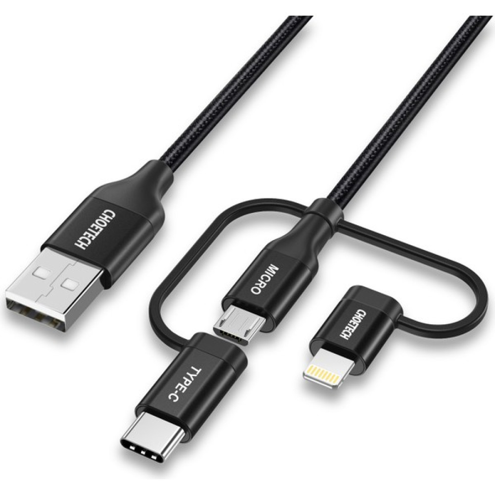 Choetech 3in1 Lightning + USB-C + Micro USB Hızlı Şarj ve Data Kablosu - Apple MFI Lisanslı - IP0030 - Siyah Cep Telefonu Şarj Cihazı Fiyatı