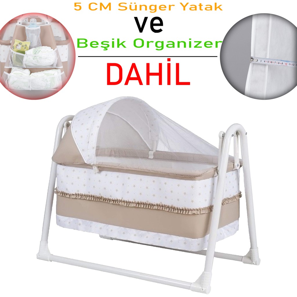 Chubby Baby Lüks Sallanır Tenteli Beşik + Organizer + 5 cm Sünger Yatak - Bej Bebek Oyun Parkı & Beşikleri Fiyatı