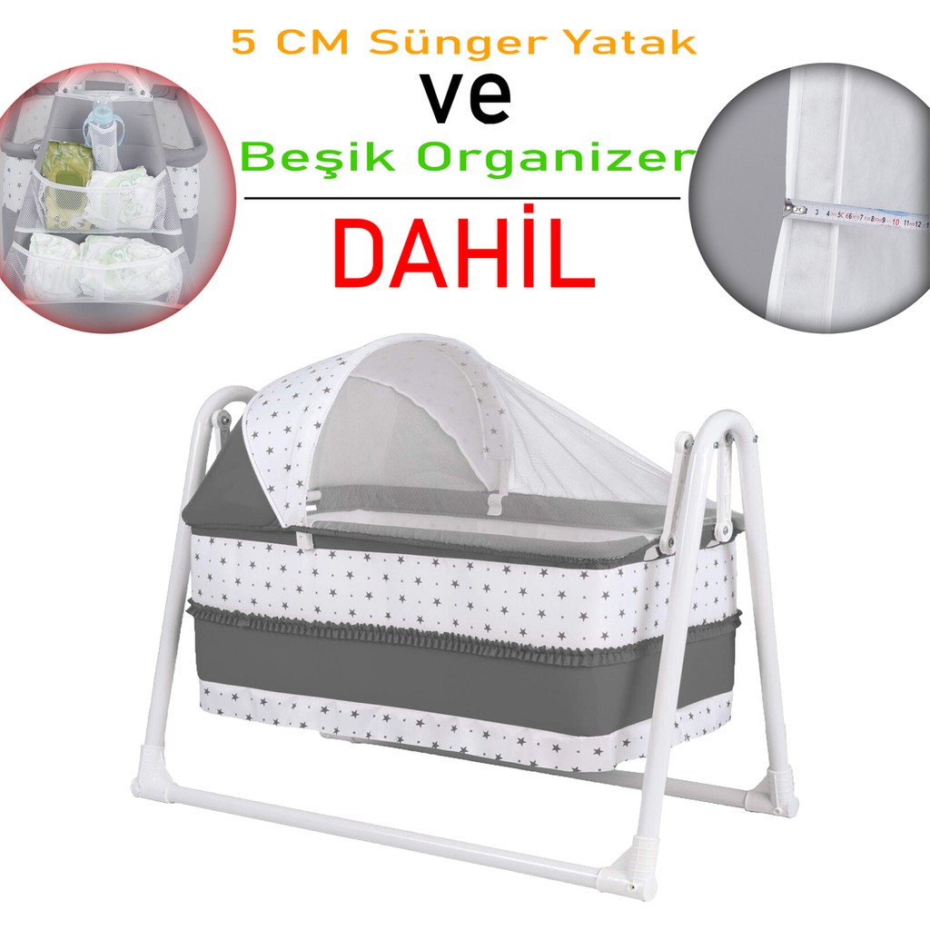 Chubby Baby Lüks Sallanır Tenteli Beşik + Organizer + 5 cm Sünger Yatak - Gri Bebek Oyun Parkı & Beşikleri Fiyatı