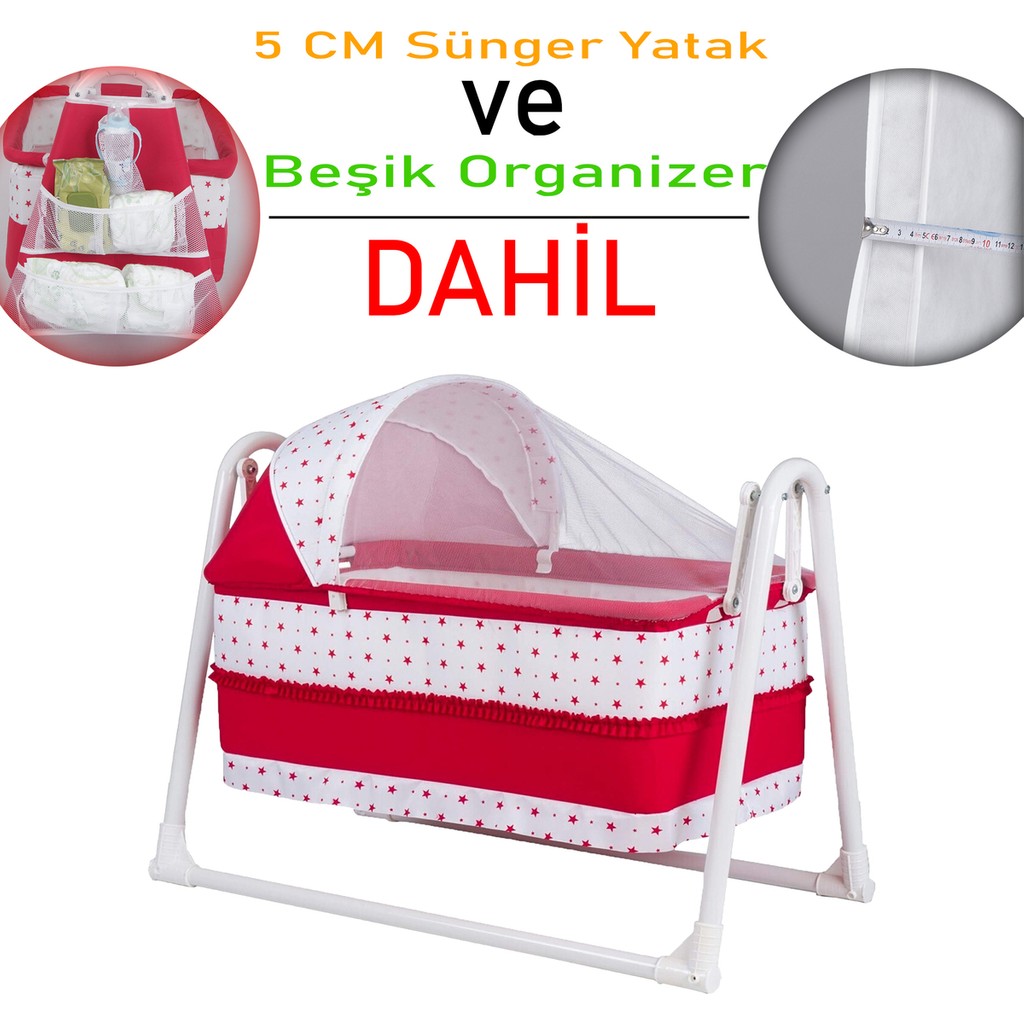 Chubby Baby Lüks Sallanır Tenteli Beşik + Organizer + 5 cm Sünger Yatak - Kırmızı Bebek Oyun Parkı & Beşikleri Fiyatı