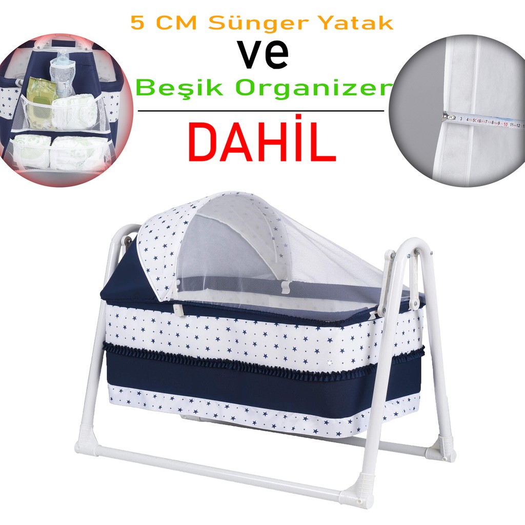 Chubby Baby Lüks Sallanır Tenteli Beşik + Organizer + 5 cm Sünger Yatak - Lacivert Bebek Oyun Parkı & Beşikleri Fiyatı