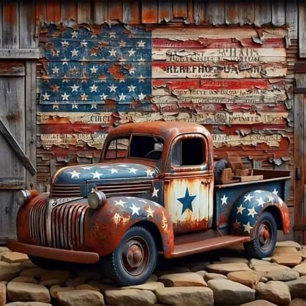 CHWGLFGG 5D Truck Diamond Art Kits for Adults Beginners,DIY Full Round Drill Diamond Painting Kits American Flag, Paint by Diamonds Dot Gem Art Crystal Easy,Home Wall Decor 13.7X 13.7Inch