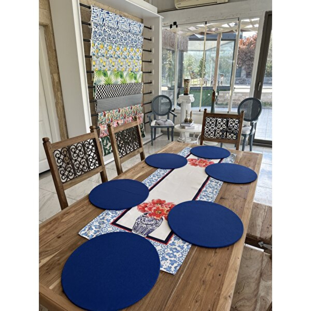 Çiçek ve Vazo Desenli Dekoratif Runner Supla Takım - 135 x 45 cm - Mavi Masa Örtüsü Fiyatı