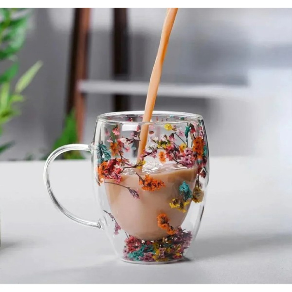 Çiçekli Çift Cidarlı Kulplu Şeffaf Espresso Cam Bardak - Ofis - Ev - 2 Adet - 350 ml Fincan / Bardak / Kahve Takımı Fiyatı