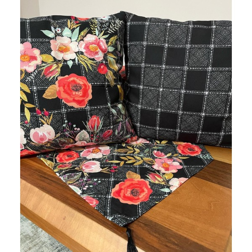 Çiçekli Ekose Desenli Runner Kırlent Takımı, Runner Kırlent Seti - Renkli - 45 x 134 cm Masa Örtüsü Fiyatı