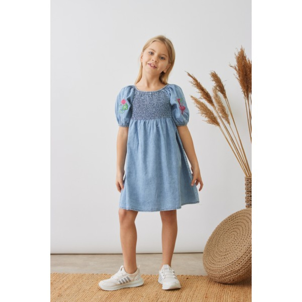 Cichlid Kız Kolu Nakışlı Denim Elbise Kız Çocuk Elbise Fiyatı