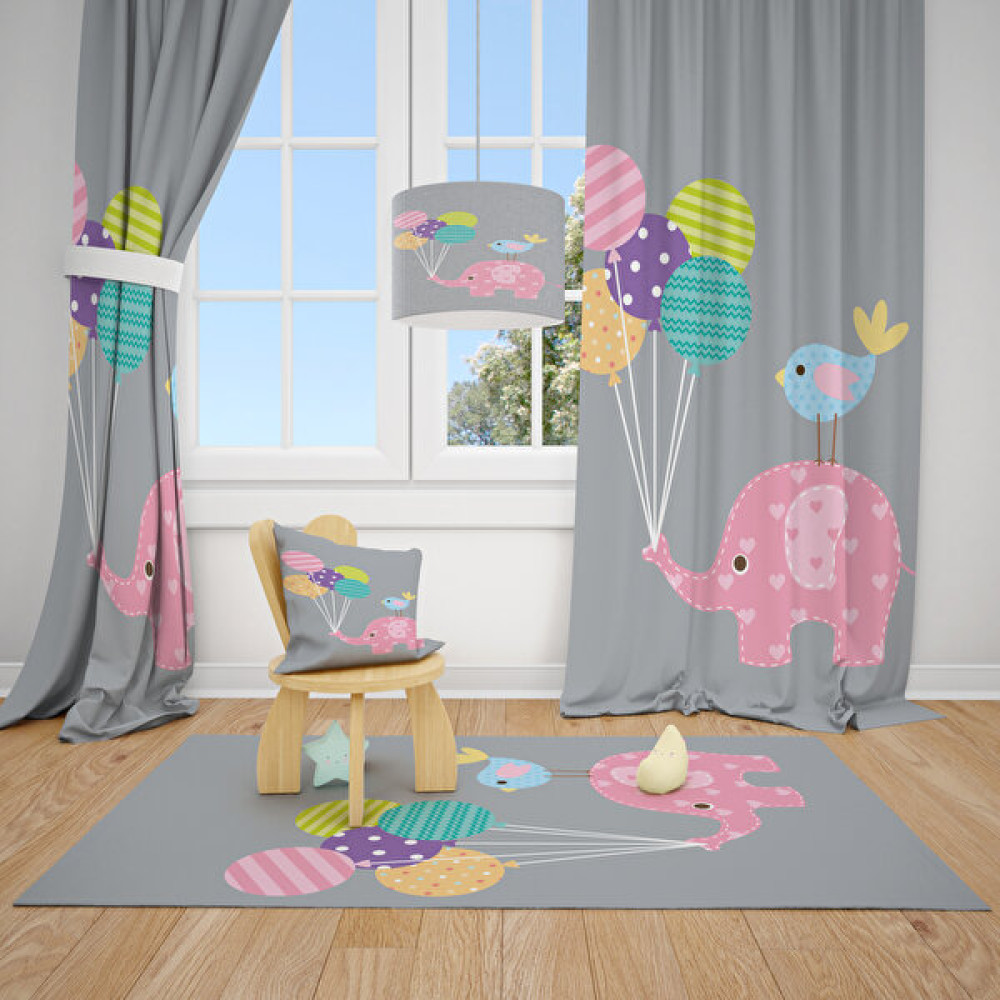 Cici Odam Renkli Balonlar ile Sevimli Fil ve Kuş Çocuk Bebek Odası Fon Perde 1 Kanat - 140 x 200 cm Fon Perde Fiyatı