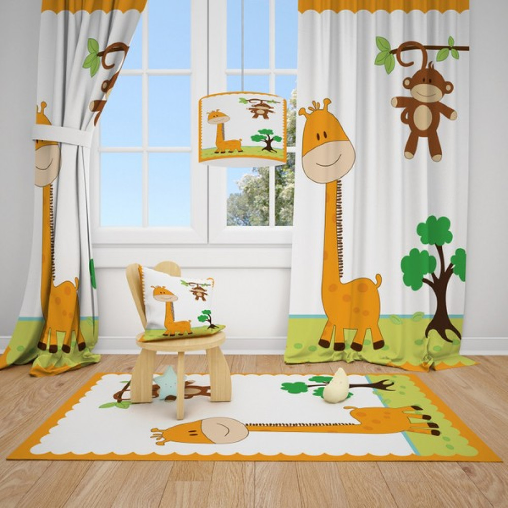 Cici Odam Zürafa ve Maymun Çocuk Bebek Odası Fon Perde 1 Kanat - 70 x 270 cm Fon Perde Fiyatı