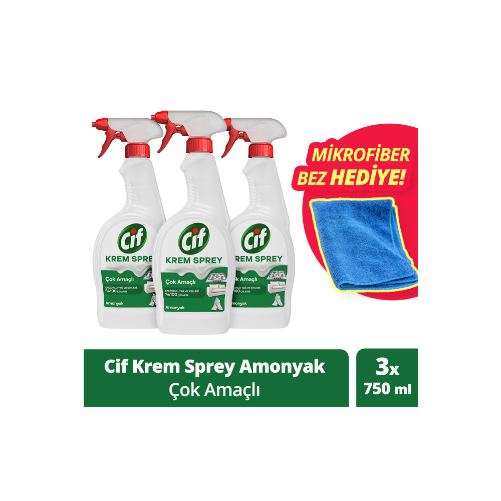 Cif Krem Sprey Çok Amaçlı Yüzey Temizleyici 750 Ml X 3adet + Mikrofiber Bez Parlatıcı ve Temizleyiciler Fiyatı
