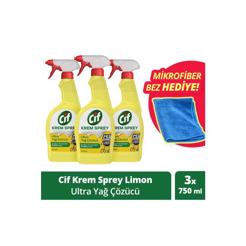 Cif Krem Sprey Limon Ultra Yağ Çözücü Yüzey Temizleyici 750 ml X3 Mikrofiber Bez Hediye Parlatıcı ve Temizleyiciler Fiyatı