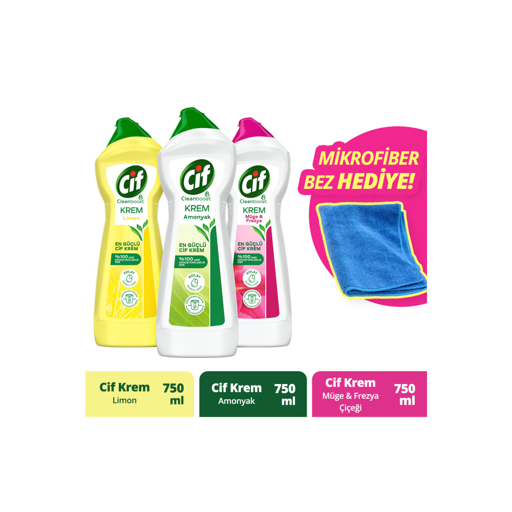 Cif Krem Yüzey Temizleyici 750 ml X 3 Mikrofiber Bez 1 Adet Parlatıcı ve Temizleyiciler Fiyatı