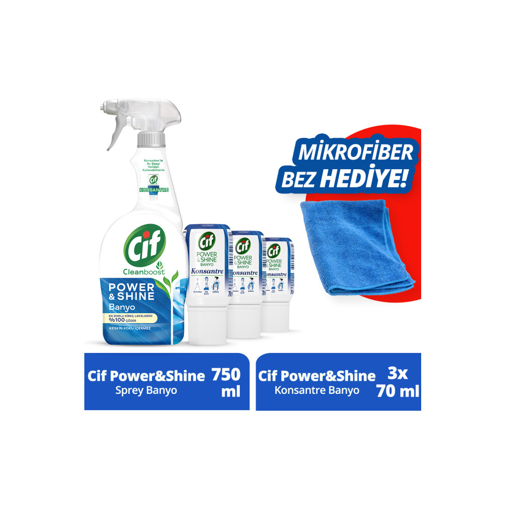 Cif Power Shine Cleanboost Sprey Kireç Çözücü 750ml X1 Konsantre Banyo 70ml X3 Mikrofiber Bez Parlatıcı ve Temizleyiciler Fiyatı