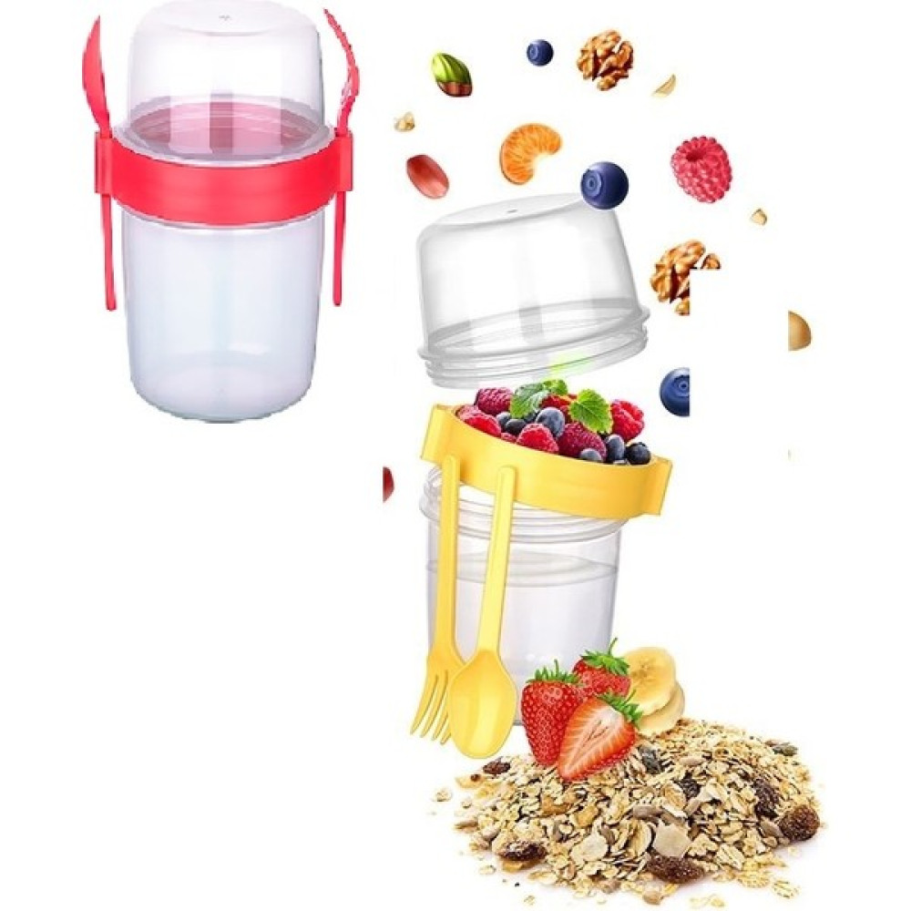 Çift Hazneli - Çatal Kaşıklı Portatif Müsli -Atıştırmalık Kabı 500 ml Saklama Kapları Fiyatı