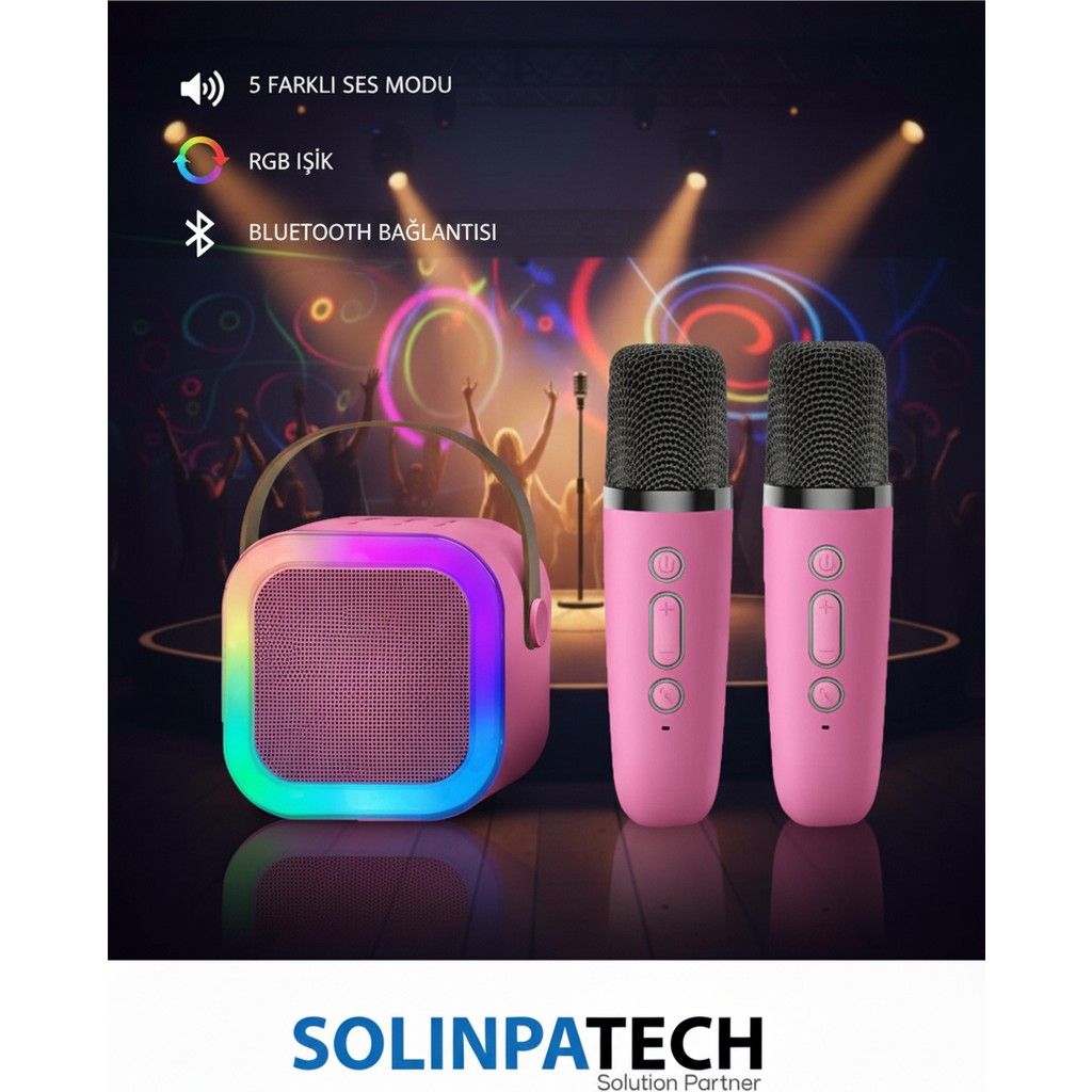 Çift Karaoke Mikrofonlu Kablosuz Bluetooth RGB Işıklı 5 Ses Efektli Hd Stereo Ses Usb/sd Haporlör - Açık Pembe Diğer Fiyatı