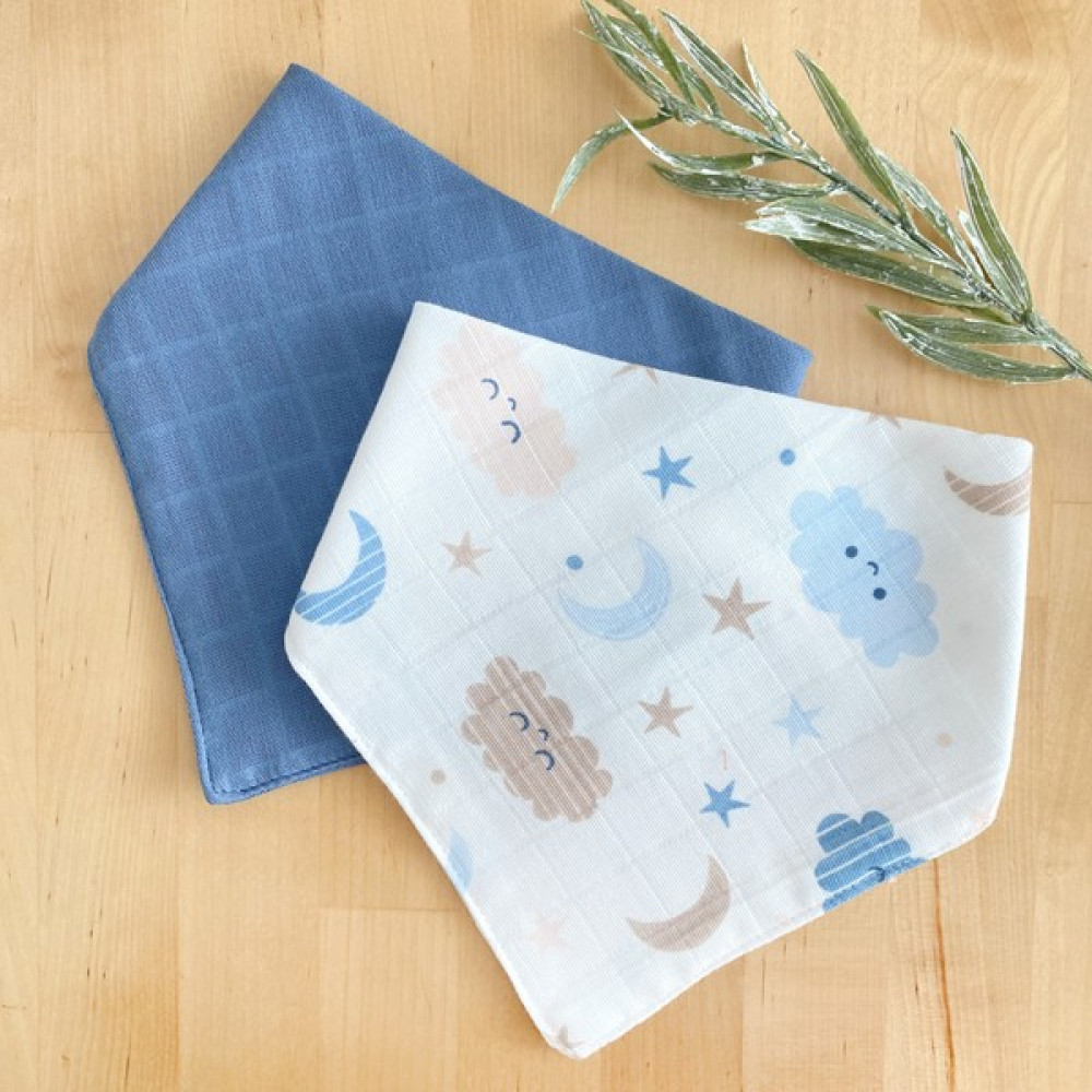 Çift kat müslin kumaş bebek salya önlük 2li çıt çıtlı fular seti (0-36 ay),indigo-gökyüzü 41x20 cm - Standart - Renkli Mama Önlüğü Fiyatı