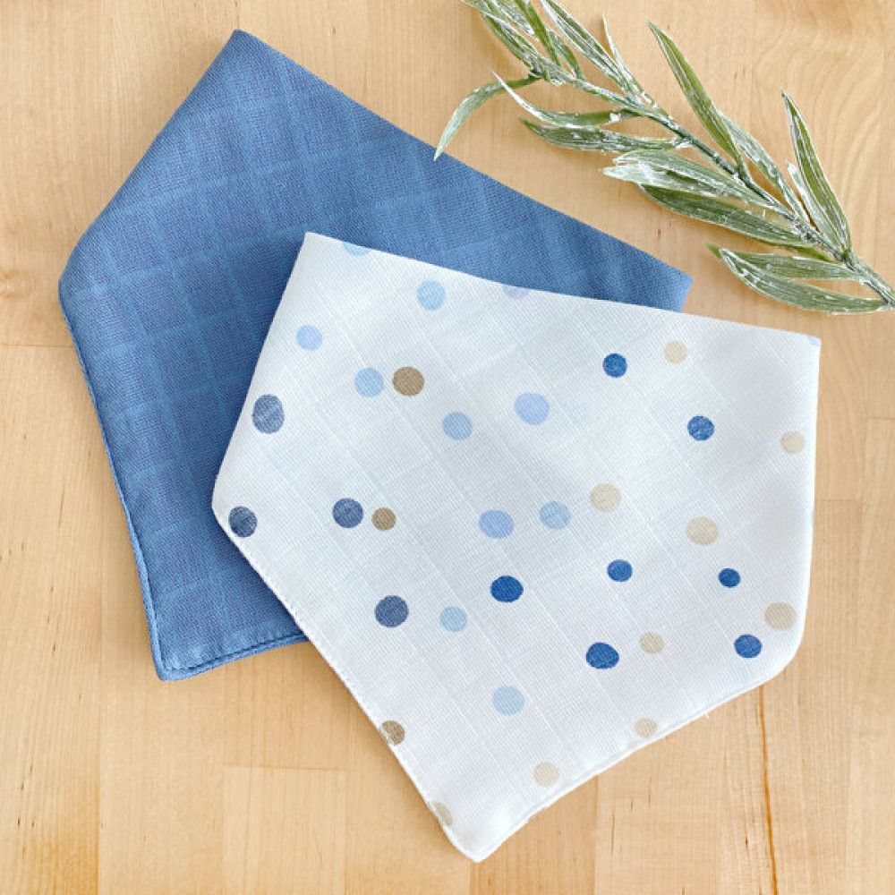 Çift kat müslin kumaş bebek salya önlük 2li çıt çıtlı fular seti (0-36 ay),indigo-puantiye 41x20 cm - Standart - Renkli Mama Önlüğü Fiyatı