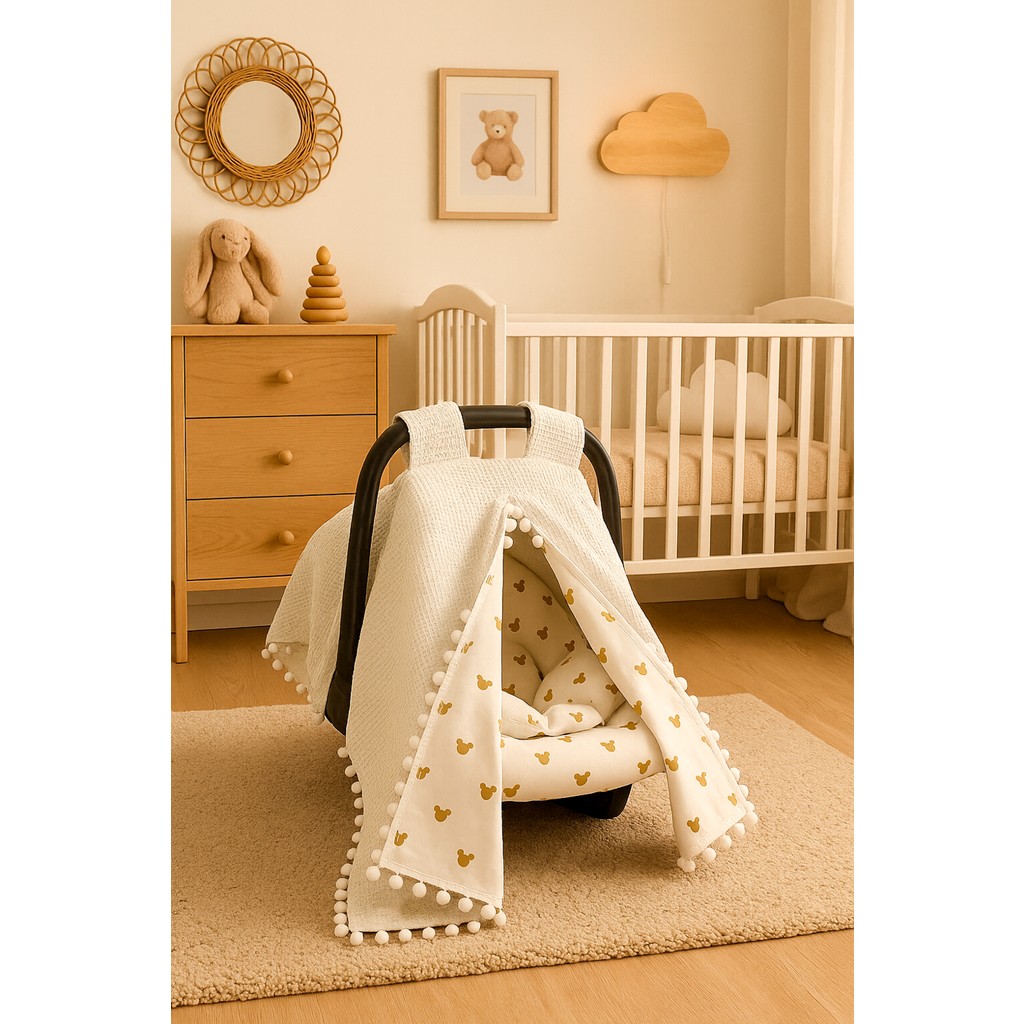 Çift Katlı Ekru Pike ve Mickey Desenli Çift Yönlü Puset Örtüsü, Minderi ve Çarşafı (3lü Set) Bebek Arabası ve Pusetler Fiyatı