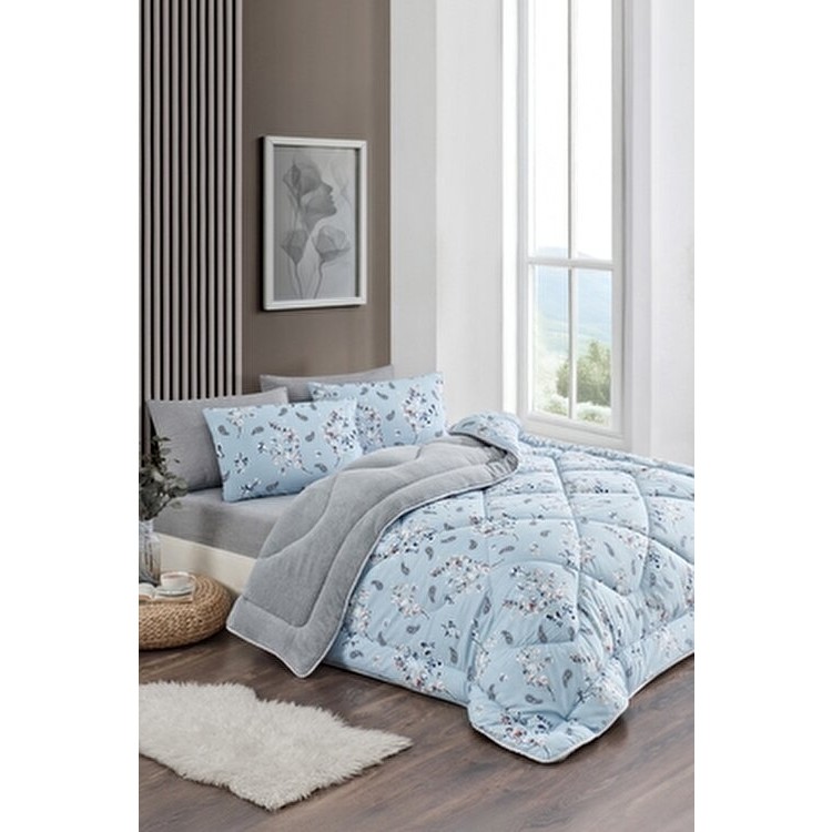 Çift Kişilik Çift Taraflı Welsoft Yorgan Seti | Wellsoft Battaniye | Pofuduk Yumuşak | Bahar - Mavi - 195 x 215 cm Yorgan Fiyatı