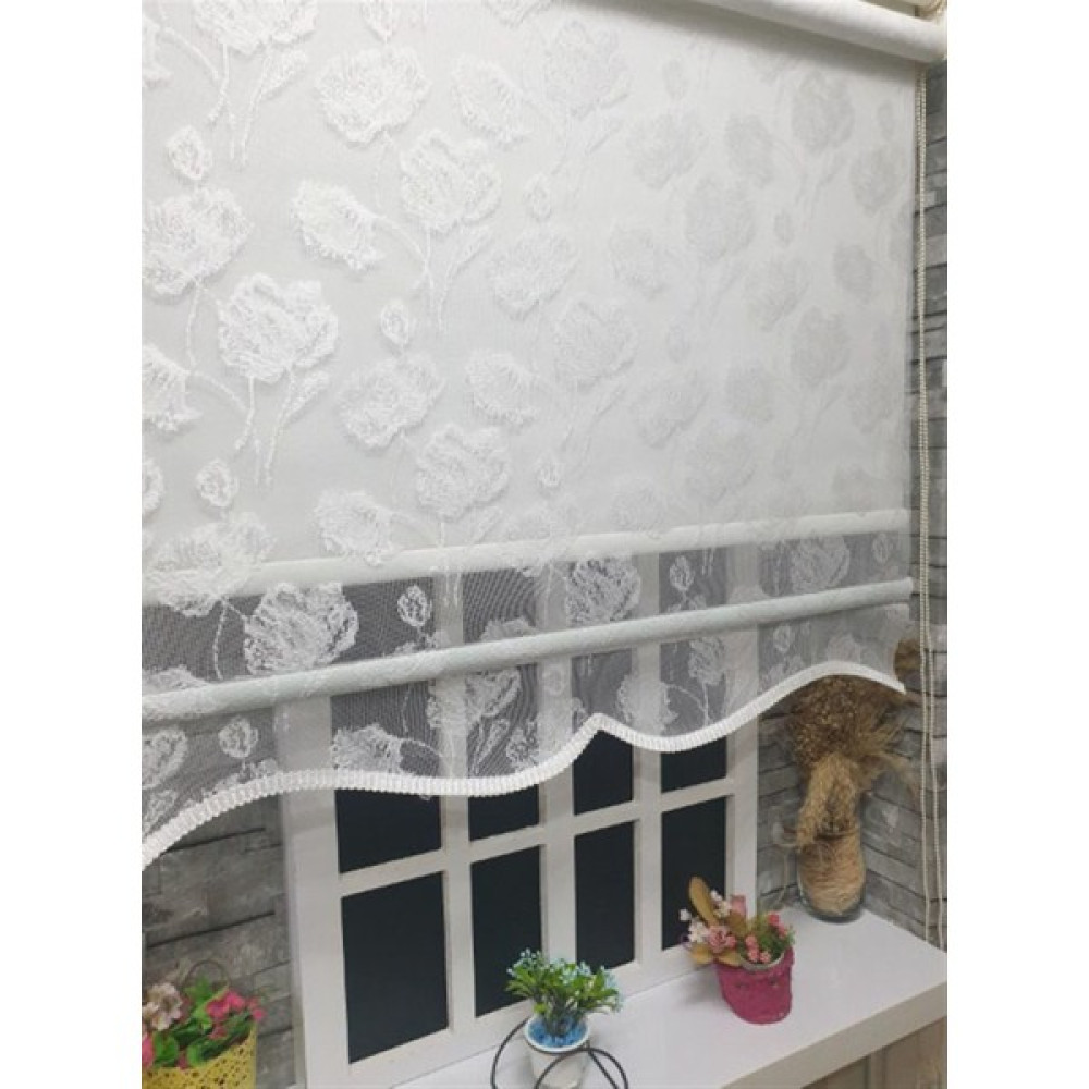 Çift Mekanizmalı Kirli Beyaz Tül Perde ve Ekru Stor Perde STB1093 - 30 x 200 cm Stor Perde Fiyatı