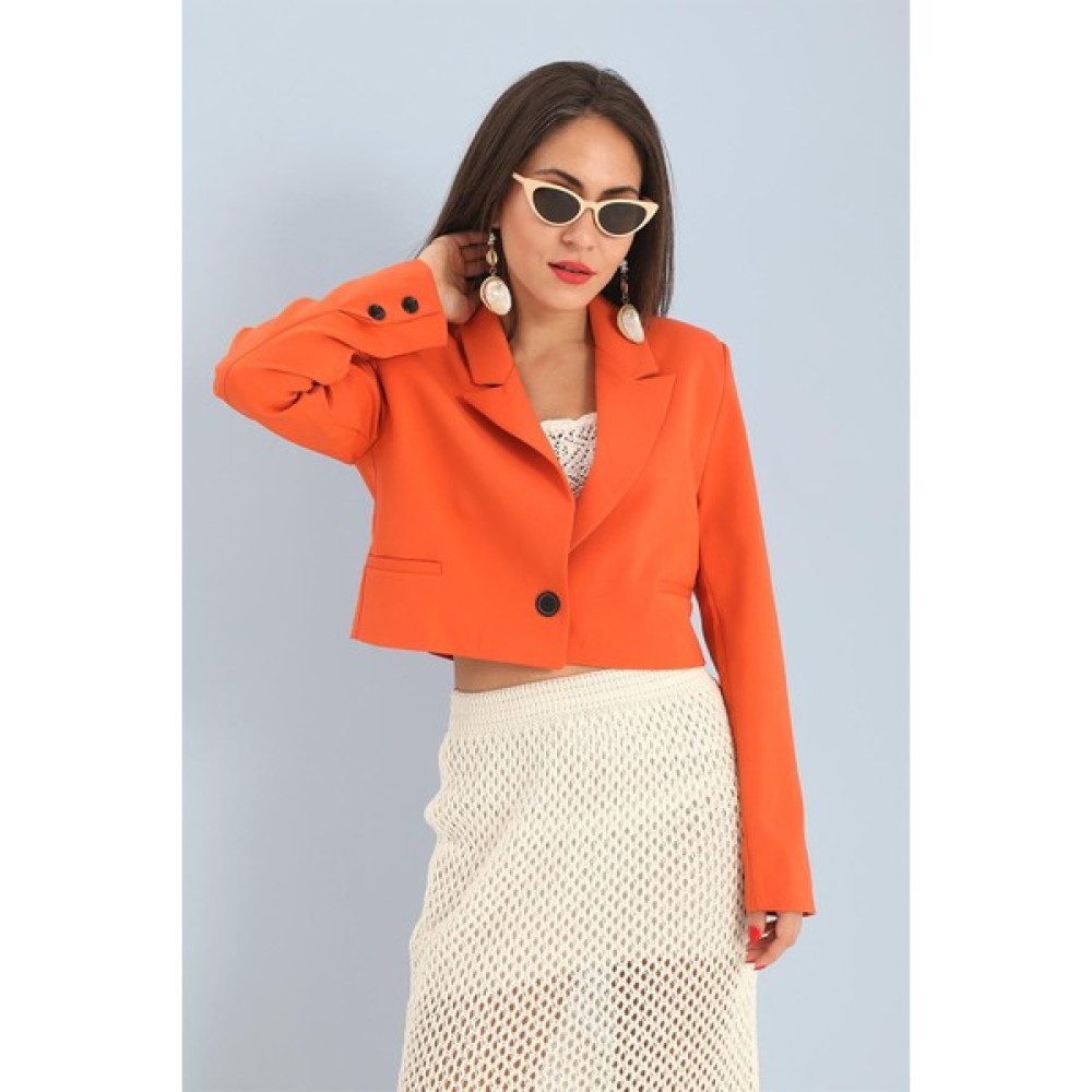 Çift Peto Cepli Kısa Crop Blazer Ceket - Turuncu Bayan Ceket Fiyatı