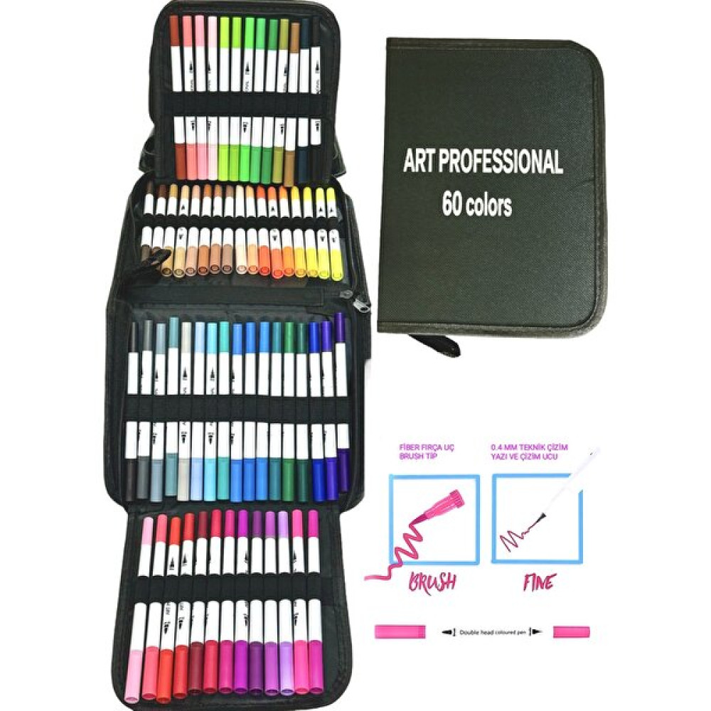 Çift Taraflı Brushpen Marker Kalem Seti Kalemlik Çantalı Tip - 60 Sanatsal Malzemeler Fiyatı