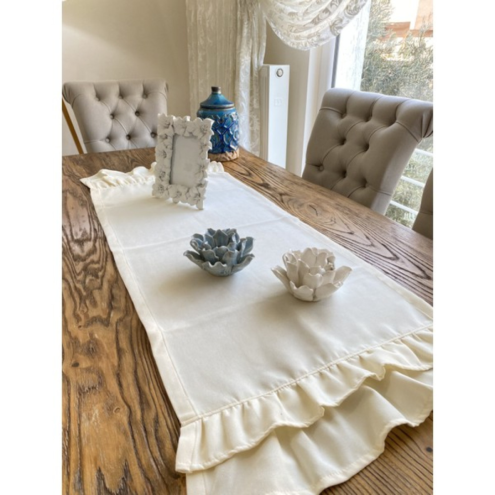 Çiftkat Fırfırlı Ekru Runner - 45 x 120 cm Masa Örtüsü Fiyatı