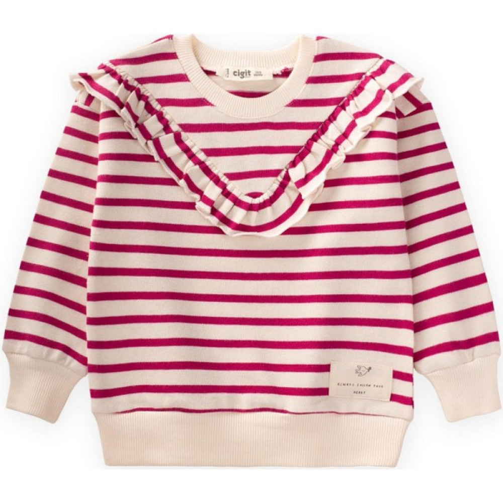 Cigit Fırfır Detaylı Çizgili Triko Kız Sweatshirt 1-8 Yaş Fuşya Bebek Sweat Shirt Fiyatı