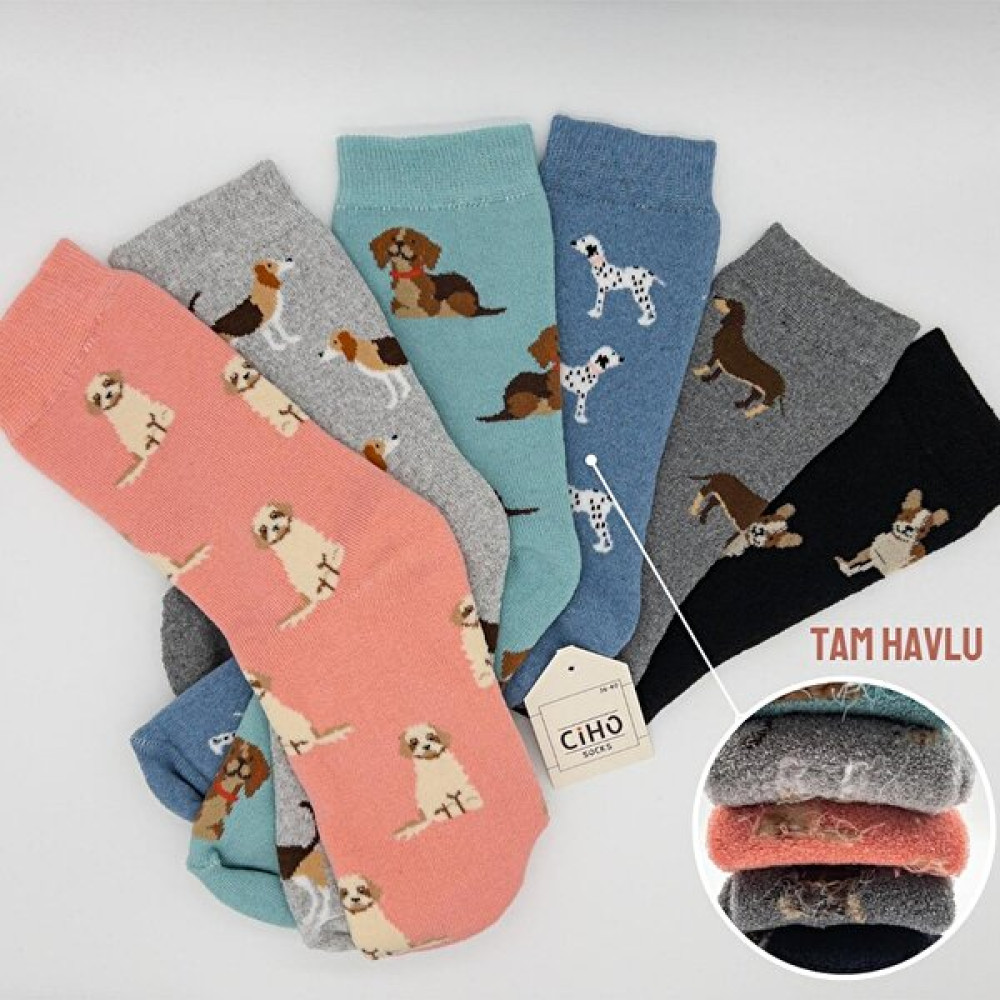 Ciho Socks Daily 6 Çift Kadın Tam Havlu Yumuşak Eğlenceli Köpek Desenler Kışlık Soket Çorap Çorap (Outdoor) Fiyatı