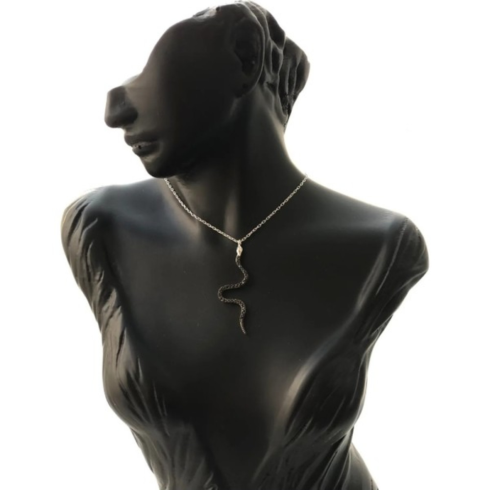 Çilek Butik Yılan Modelli Gümüş Kolye - Siyah Gümüş Kolye Fiyatı