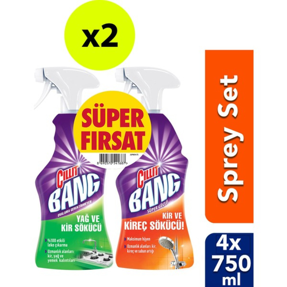 Cillit Bang Banyo ve Mutfak Temizleyici Yağ Çözücü + Kireç Sökücü 750 * 4'lü Sprey Set - 750 ml Temizlik Malzemeleri Fiyatı
