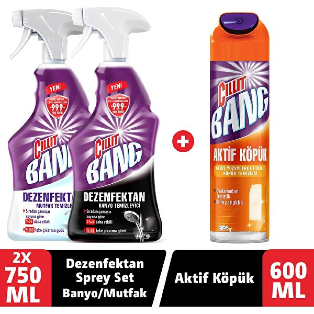 Cillit Bang Dezenfektan Sprey Set Banyo ve Mutfak Temizleyici 2 x 750 ml + Aktif Köpük 600 ml - 1,5 kg Temizlik Malzemeleri Fiyatı