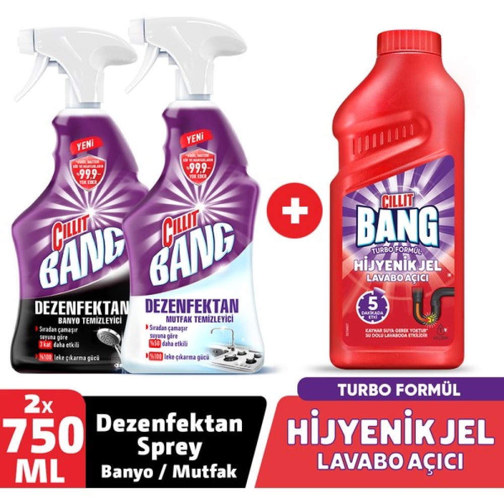 Cillit Bang Turbo Hijyenik Jel Lavabo Açıcı 500 ml + Mutfak Sprey 750 ml + Banyo Sprey 750 ml - 2 lt Temizlik Malzemeleri Fiyatı