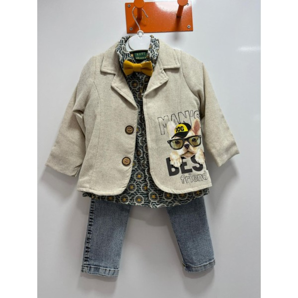 Cillop Butik Erkek Bebek Best Friend Köpek Baskılı Papyonlu Jean Pantolon Kombinli 4'lü Takım Elbise Bebek Giysi Takım Fiyatı