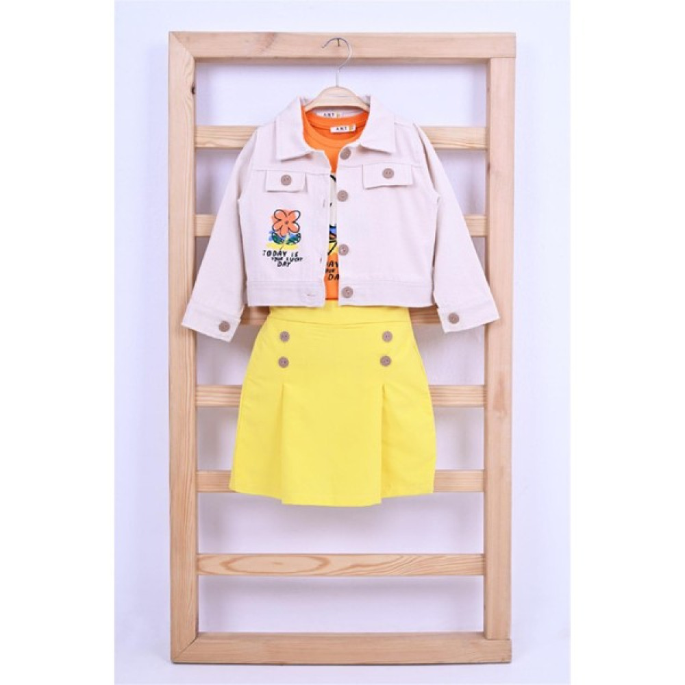Cillop Butik Kız Çocuk Etekli Şort Tişört Baskılı Ceket Kombinli Üçlü Alt Üst Takım Kız Çocuk Giyim Takımı Fiyatı