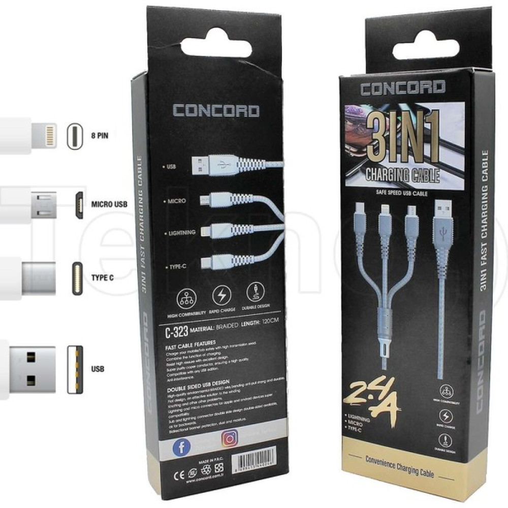 Çınar Elif Çınarcık Tk 3in1 (Micro - Lighting - Type-C) 120 cm 2.4A USB Kablo Concord Cep Telefonu Kılıfı Fiyatı