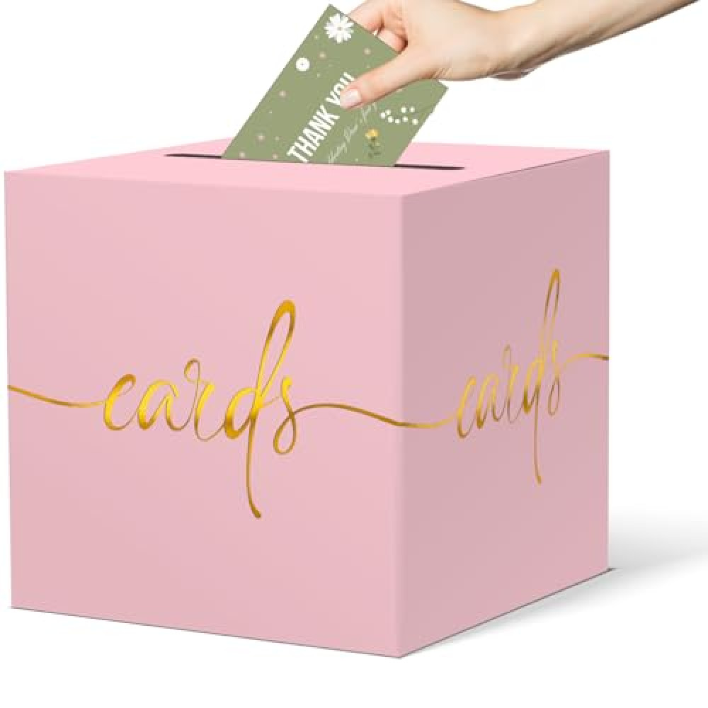 CINSOEN Light Pink Card Box with Gold Foil Design Wedding Card Box Gift Cards Receiving Box for Party Graduation Bridal or Baby Showers, Raffle Ticket Box Money Box for Birthday Retirements