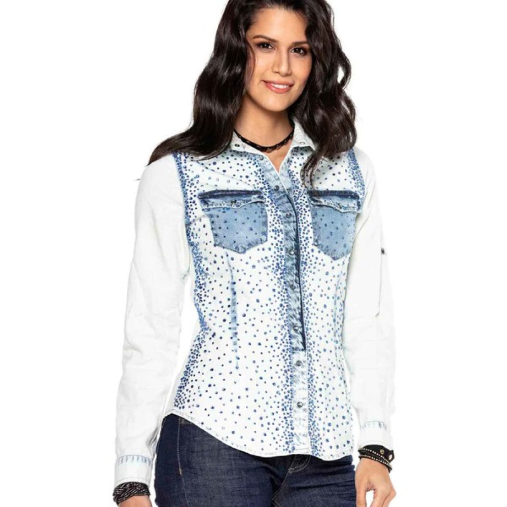Cipo&Baxx WH116 Parlak Taşlı Vintage Mavi Yazlık Jeans Gömlek Kadın Gömlek Fiyatı