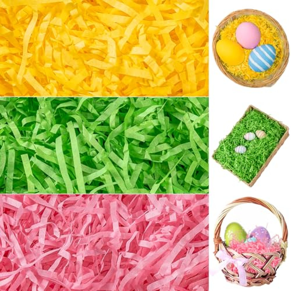 CIPOWM 340g/12oz Easter Grass Shredded Paper Filler Pink Green Yellow Paper Shred Crinkle Raffia Paper Filler for Easter Gift Wrapping Boxes Bags Basket Filling Party Supply(3 Colors)