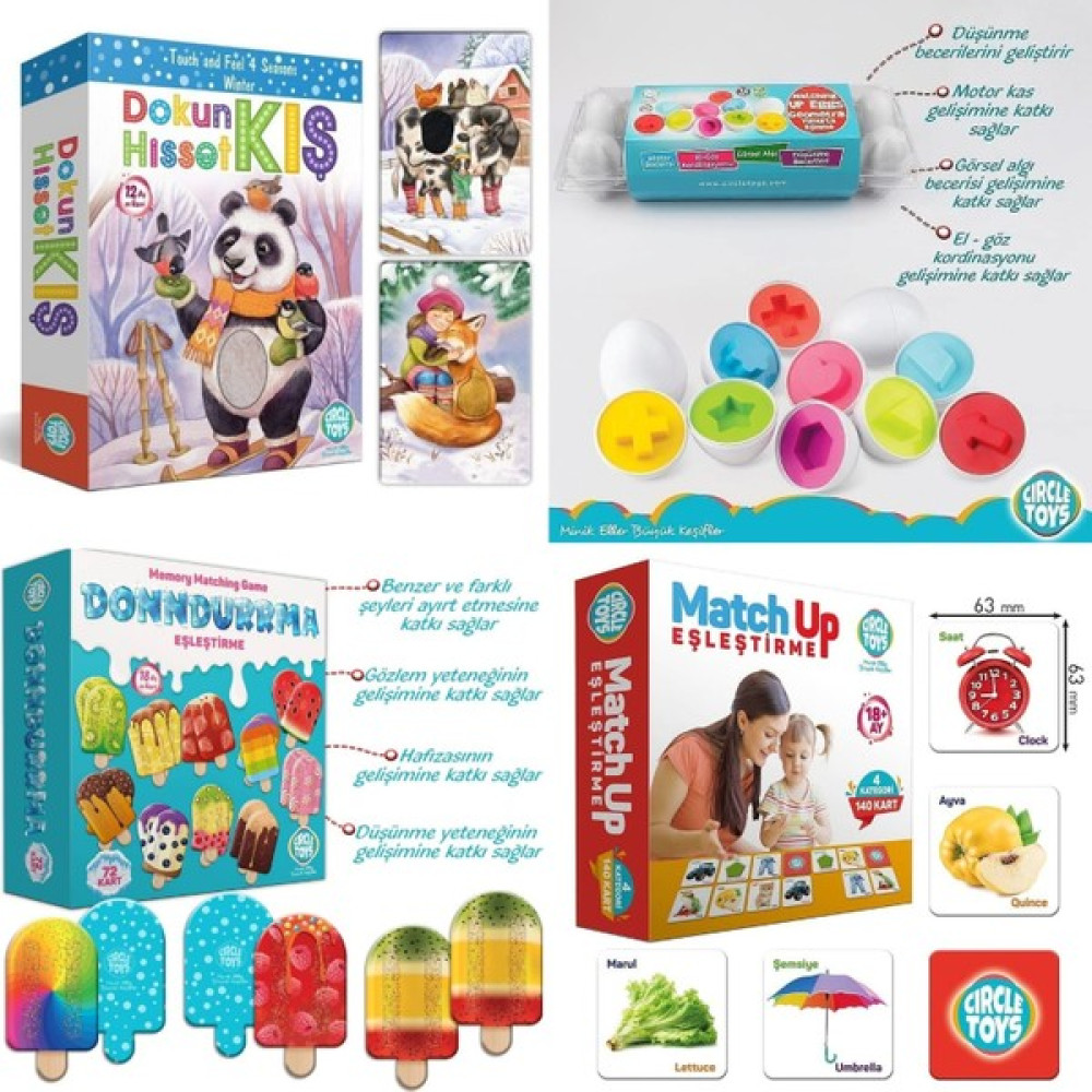Circle Toys 4 Lü Eğitici 1-3 Yaş Seti (Dokun Hisset Kartlar-12 Li Yumurta -Dondurma EŞLEME-140 Adet Eşleme Çocuk Oyuncağı Fiyatı