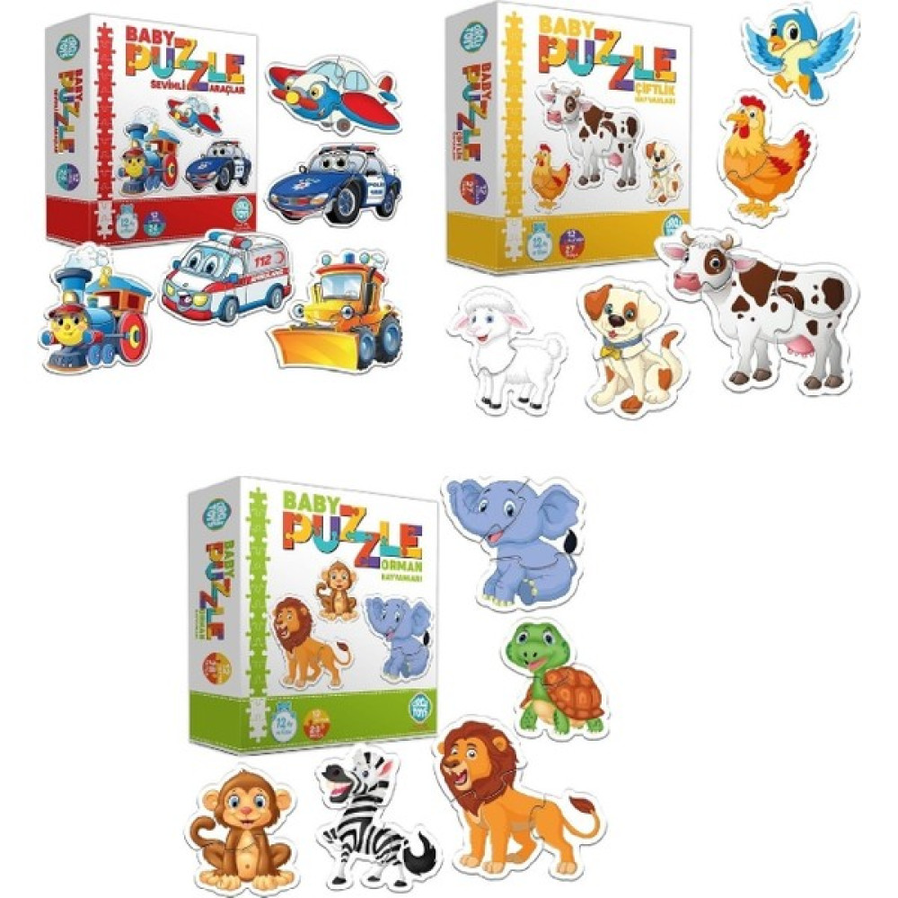 Circle Toys Circle Toys Baby Eğitici Puzzle 3 Lü Set - Orman Hayvanları - Sevimli Araçlar - Çiftlik - Renkli Bebek Oyuncakları Fiyatı