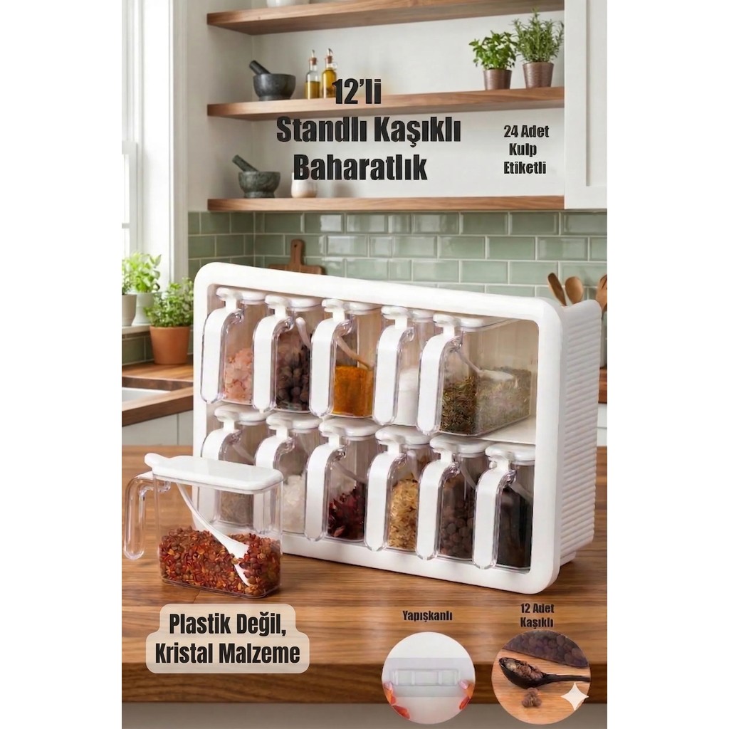 Citim Standlı 12LI Kendinden Yapışkanlı Kaşıklı Kapaklı Baharatlık Takımı - Beyaz-Beyaz Çatal / Kaşık / Bıçak Takımları Fiyatı