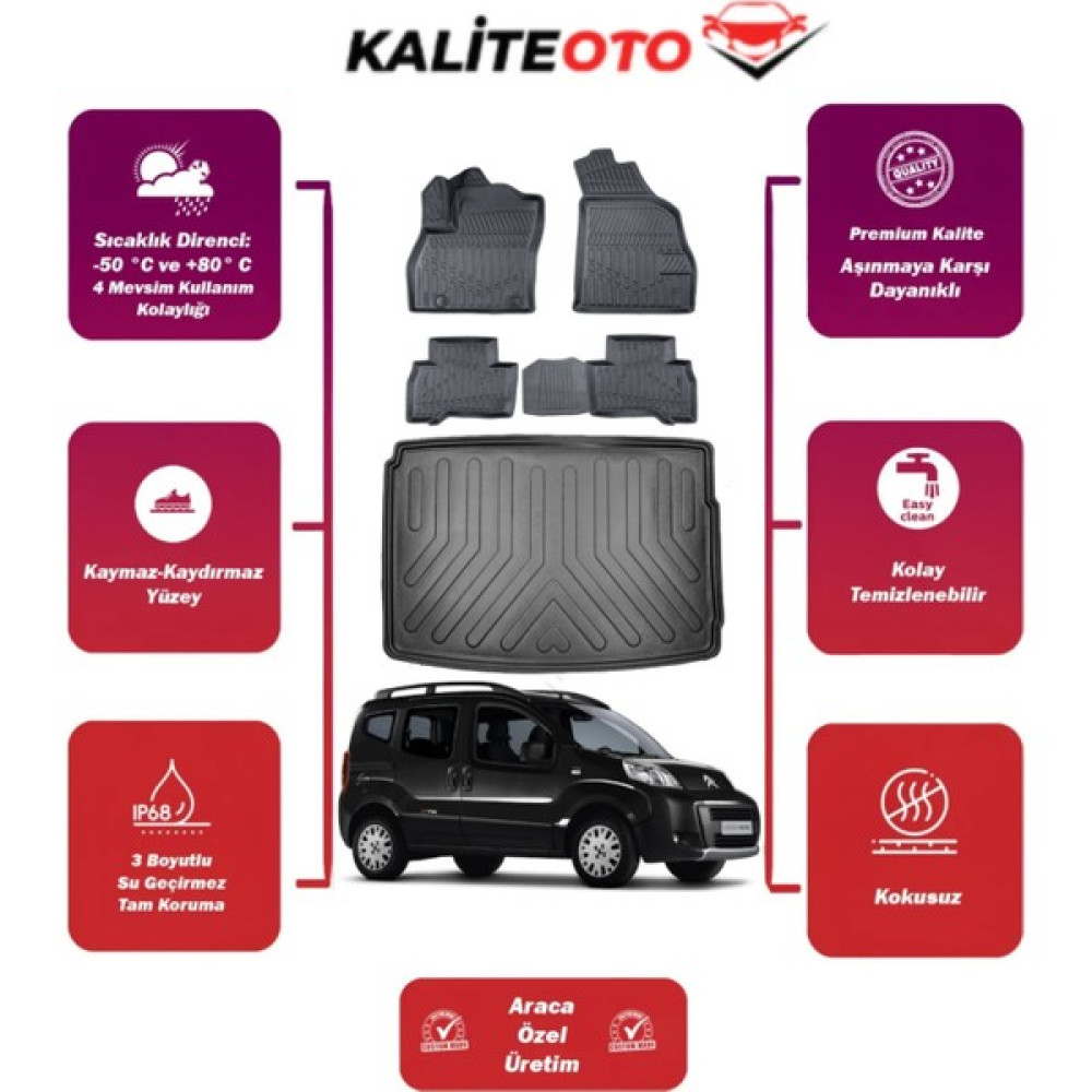 Citroeen Nemo 2007 Model Bagaj Havuzu+4d Araca Özel Havuzlu Paspas Takımıı Prqx - Siyah Oto Paspas Fiyatı